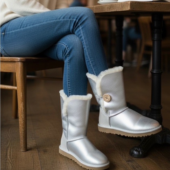 UGG Shoes - Ugg Mini Silver Metallic Glitter Button Boot Size 6